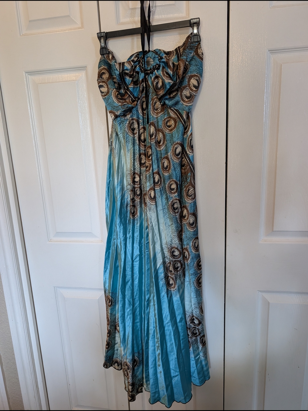 Blue Peacock-Print Strapless Maxi Dress